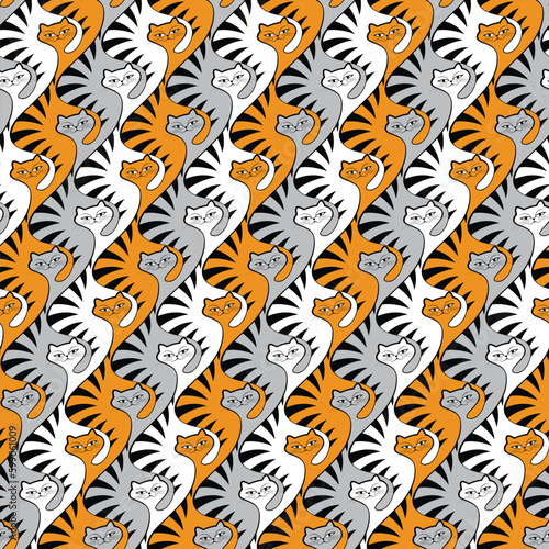 Seamless repeating pattern with stylized tabby cats in black, white, and orange. Graphic textile texture. Vector illustration for textile, wrapping, and packaging.