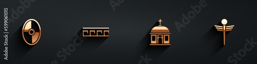 Set Greek shield, Ancient pattern, Santorini building and Caduceus snake medical icon with long shadow. Vector