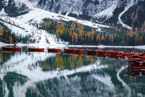 reflection in the lake braies, dolomites, italy