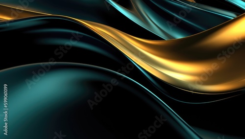 Abstract wavy glossy gold and cyan turquoise background. Generative AI