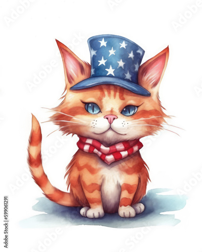A cartoon American orange cat celebrates 4th of July Independence Day. Generative AI.