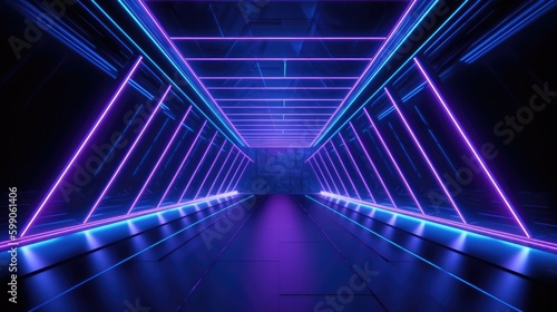The front door of a room with fluorescent beams of light. Futuristic geometric abstraction, neon lights background. Generative AI