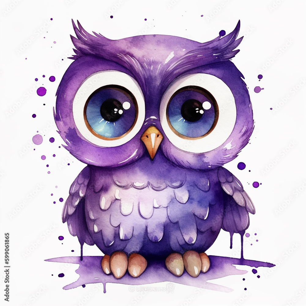 Fototapeta premium Watercolor cute owl Clipart. Hand drawn Clipart isolated on white background, generative ai