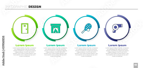 Set Hotel door, Interior fireplace, Tennis racket with ball and Hair dryer. Business infographic template. Vector