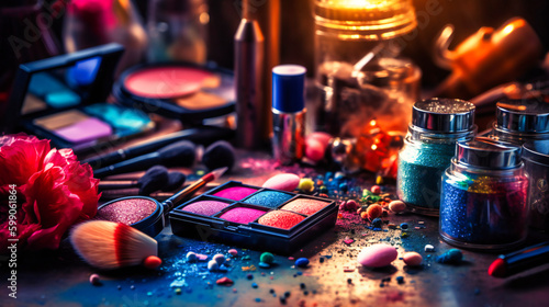 Beauty makeup items sitting on a table top