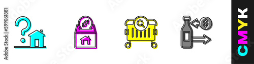 Set House with question mark, Donation and charity, Searching for food and Reception of glass bottles icon. Vector