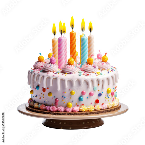 Birthday cake with lit candles on a white background. Generative AI