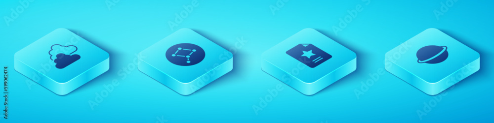 Set Isometric Cloudy weather, Great Bear constellation, Planet Saturn and Star zodiac icon. Vector Set Isometric Cloudy weather, Great Bear constellation, Planet Saturn and Star zodiac icon. Vector