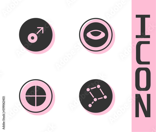 Set Great Bear constellation, Mars symbol, Earth globe and Medallion with eye icon. Vector