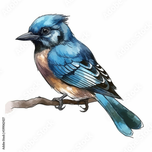 Blue jay bird isolated on white background. Hand drawn watercolor clipart, generative ai