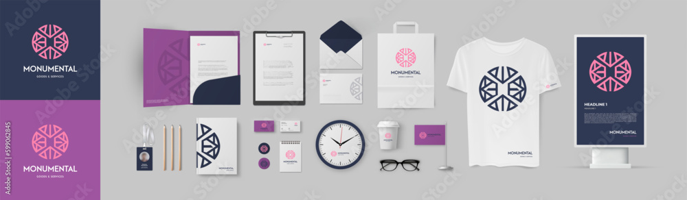 Violet and blue colors corporate identity template. Minimal style circle logo, folder A4, letterhead, lightbox and business card mockup. - obrazy, fototapety, plakaty 