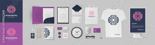 Violet and blue colors corporate identity template. Minimal style circle logo, folder A4, letterhead, lightbox and business card mockup.