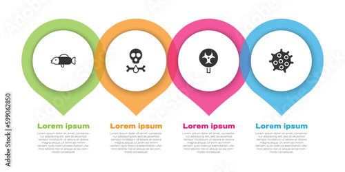 Set Puffer fish, Bones and skull, Biohazard symbol and Bacteria. Business infographic template. Vector