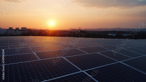 Solar panels equipment mounted on building roof panoramic view at sunset. Clean ecological electricity production, renewable energy concept.