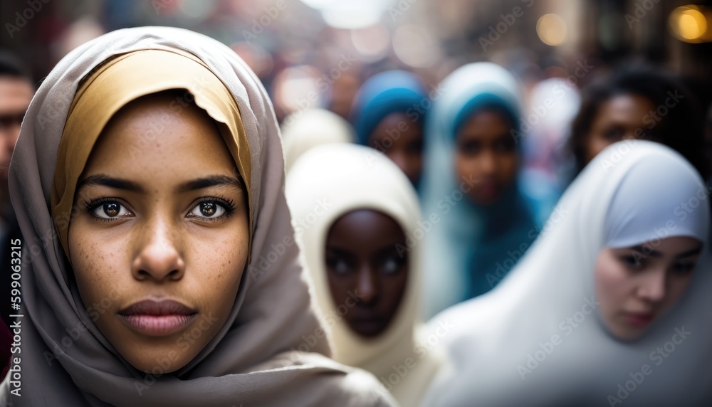 Middle Eastern women wear the burqa and niqab. Young women in traditional Muslim hijab portrait close-up with their faces covered on city among crowd of people protesting on the street. Generative AI Middle Eastern women wear the burqa and niqab. Young women in traditional Muslim hijab portrait close-up with their faces covered on city among crowd of people protesting on the street. Generative AI