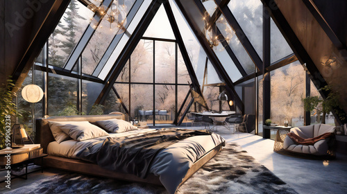 Vaulted Ceilings Enhance Sleek Bedroom