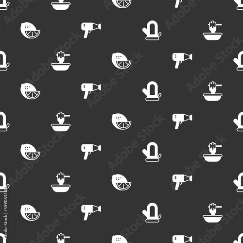 Set Sauna mitten, Honey dipper stick with bowl, Lemon and Hair dryer on seamless pattern. Vector