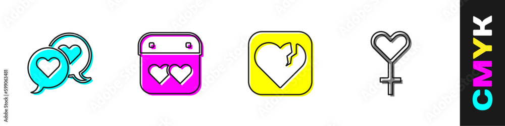 Set Heart in speech bubble, Calendar with heart, Broken or divorce and Female gender symbol icon. Vector Set Heart in speech bubble, Calendar with heart, Broken or divorce and Female gender symbol icon. Vector
