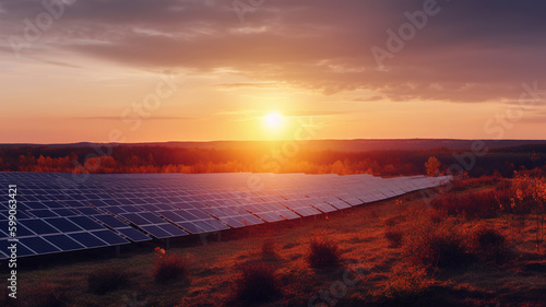 Solar panels equipment panoramic view at sunset. Clean ecological electricity production  renewable energy concept.