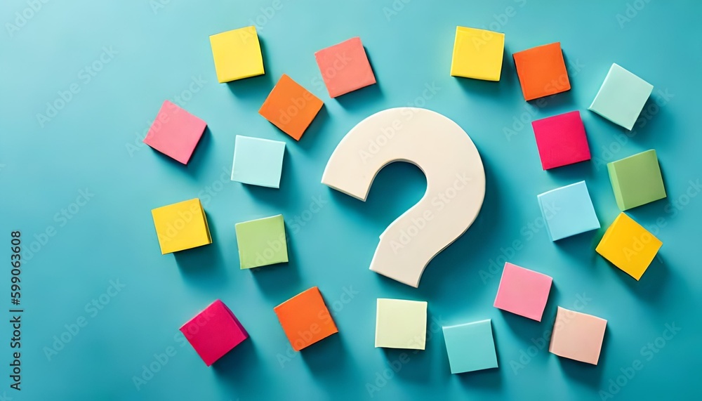 Top view of question mark symbol and colorful sticky notes isolated on pastel blue background Top view of question mark symbol and colorful sticky notes isolated on pastel blue background