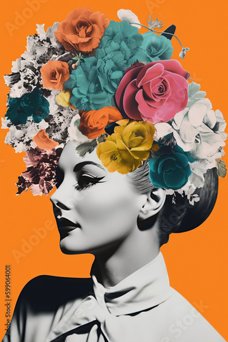 Vintage Illustration of a beautiful woman with colorful flowers on her head, collage, Pin up, pop art, Generative AI   © Michael