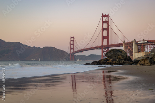 Golden Gate Bridge and Baker Beach at Sunset
