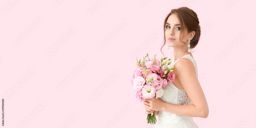 Portrait of beautiful young bride with wedding bouquet on pink background with space for text