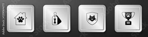 Set Pet house, Dog collar with bone, Animal health insurance and award symbol icon. Silver square button. Vector