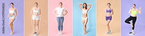 Set of beautiful young women after weight loss on color background