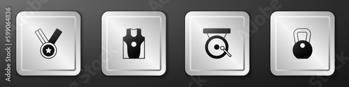 Set Medal, Boxing jersey and t-shirt, gong and Weight icon. Silver square button. Vector