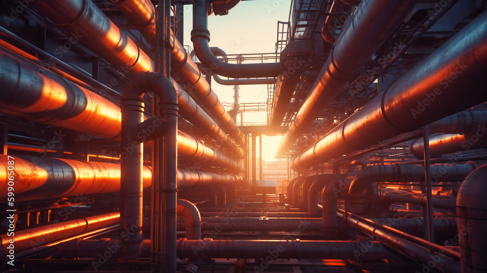 Pipelines and Tubes in Industrial Complex at Sundown