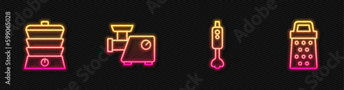 Set line Blender, Slow cooker, Kitchen meat grinder and Grater. Glowing neon icon. Vector