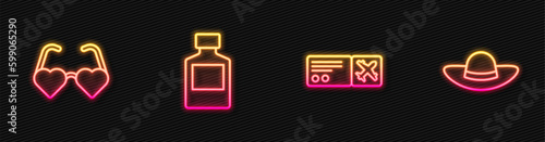 Set line Airline ticket, Heart shaped love glasses, Whiskey bottle and Elegant women hat. Glowing neon icon. Vector