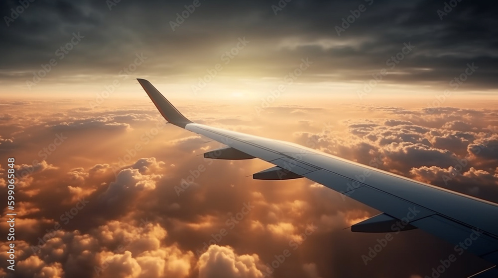 Wing of an airplane flying above the clouds at sunset. generative ai Wing of an airplane flying above the clouds at sunset. generative ai