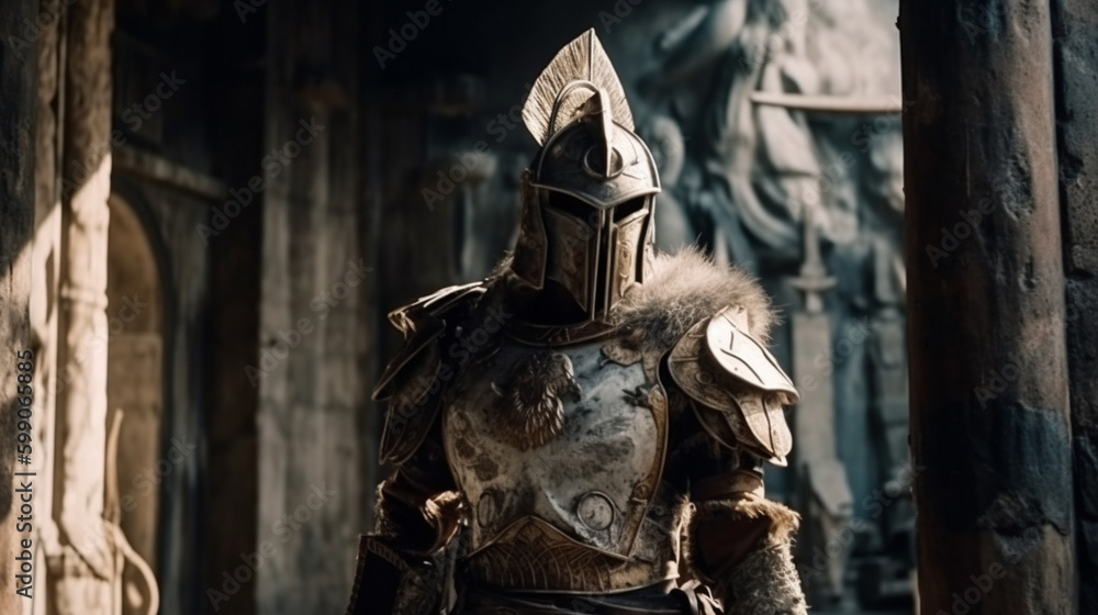 Knight in armor and helmet on the background of the ancient ruins.generative ai