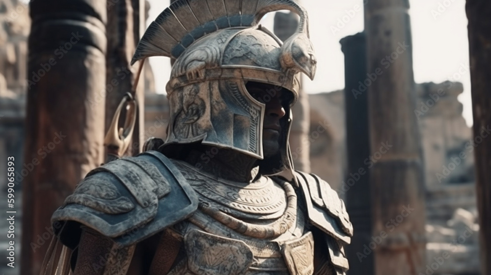 Knight in armor and helmet on the background of the ancient ruins.generative ai