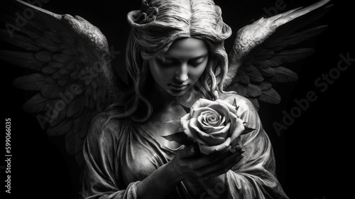 Angel with roses in her hands. Black and white image. Fantasy.generative ai