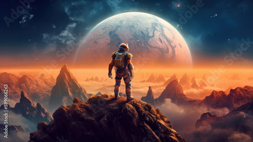 Astronaut in space on alien planet. Illustration AI Generative.
