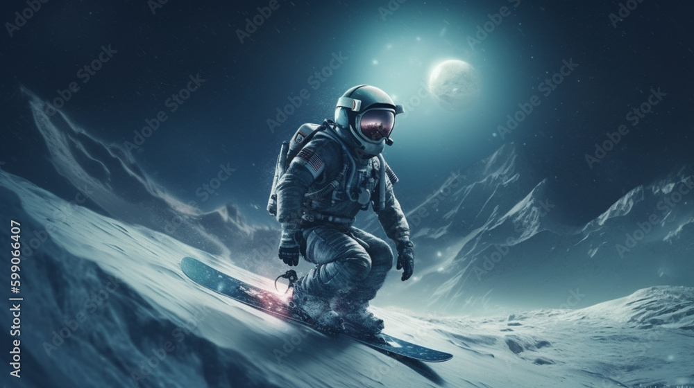 Astronaut in space suit and helmet on snowboard. generative ai