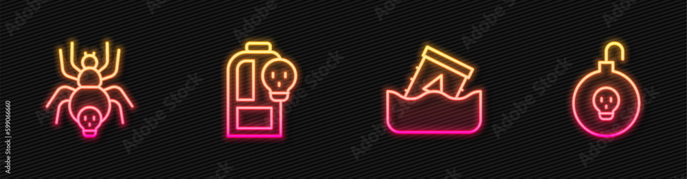 Set line Radioactive waste in barrel, Poisonous spider, Beaker with toxic liquid and Nuclear bomb. Glowing neon icon. Vector Set line Radioactive waste in barrel, Poisonous spider, Beaker with toxic liquid and Nuclear bomb. Glowing neon icon. Vector