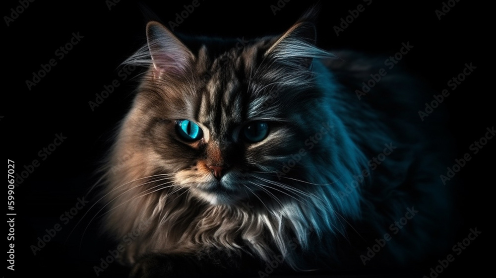 Portrait of Maine Coon cat with blue eyes on black background.generative ai Portrait of Maine Coon cat with blue eyes on black background.generative ai