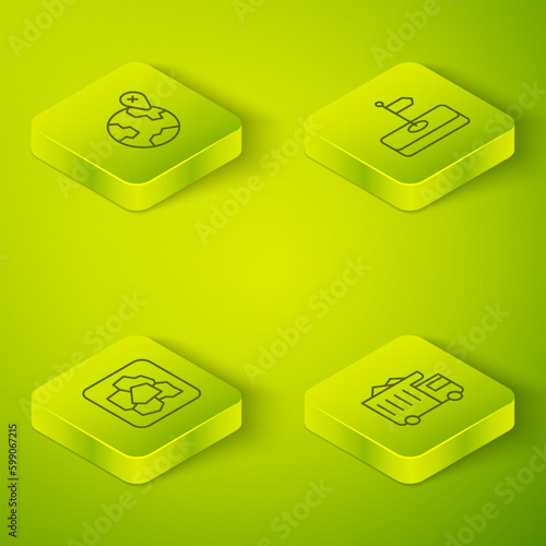 Set Isometric line Flag, Gold nugget, Mining dump truck and Location on the globe icon. Vector
