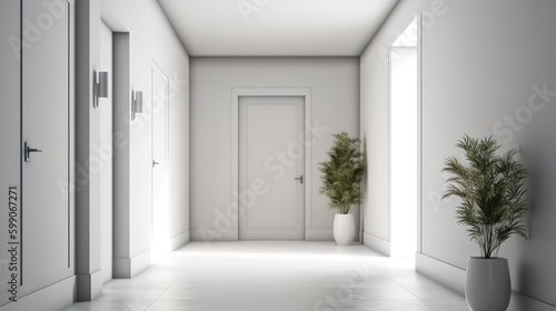 Wall mockup in white clear hallway interior, 3d render, Bright color. Generative Ai