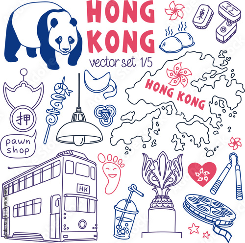 Hong Kong traditional symbols, food and landmarks drawings set. Outline stroke is not expanded, stroke weight is editable. Chinese characters translation: Pawn Shop (street sign), East (mahjong tile)