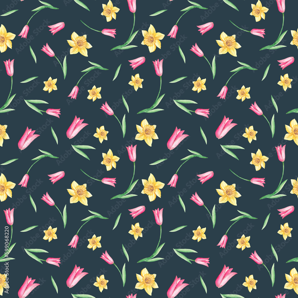 Fototapeta premium Seamless watercolor pattern with narcissus and tulips on black background. Can be used for fabric prints, gift wrapping paper, kitchen textile.