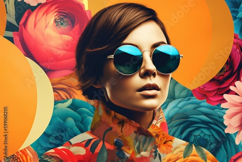 colorful magazine collage with a model in sunglasses on a bright multicolored geometric and floral background. Generative AI