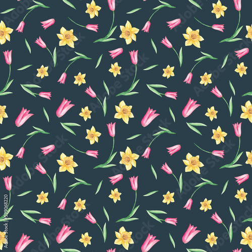 Seamless watercolor pattern with narcissus and tulips on black background. Can be used for fabric prints  gift wrapping paper  kitchen textile.