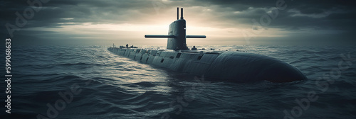Generic military nuclear submarine floating in the middle of the ocean. AI generative