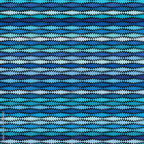 Seamless striped geometric pattern with horizontal wavy blue stripes on a black background. Knitwear style. Graphic textile texture. Vector illustration for fabrics, wrapping, and continuous print.