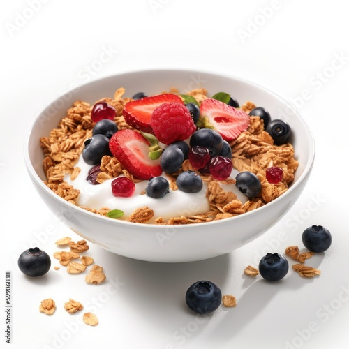 healthy breakfast. cereal with yogurt and berries on white background.Generative AI